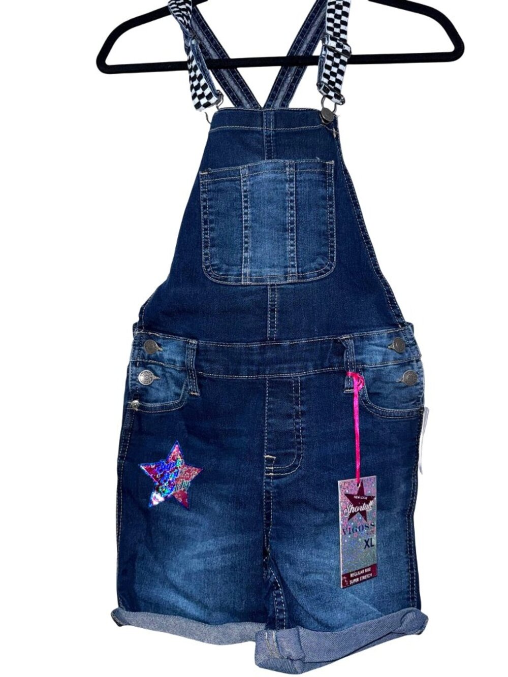 Vigoss Girls Denim Shortalls XL With Star Patch & Checkered Straps - Picture 1 of 5
